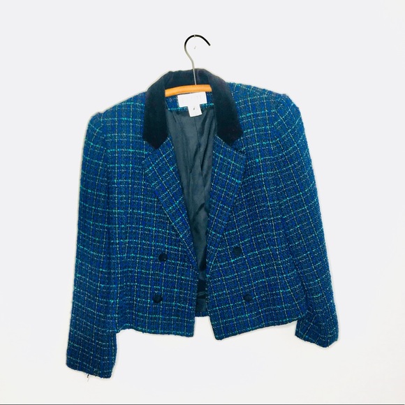 Vintage Retro Plaid Tartan Cropped Velvet Blazer - Picture 2 of 6